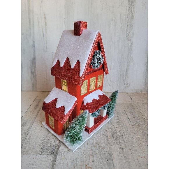 Red Xmas glitter house snow pine tree table top home decor light up - Picture 2 of 7